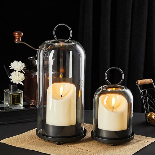 Black Metal Candle Holder with Glass Dome & Timer Candles - Set of 2