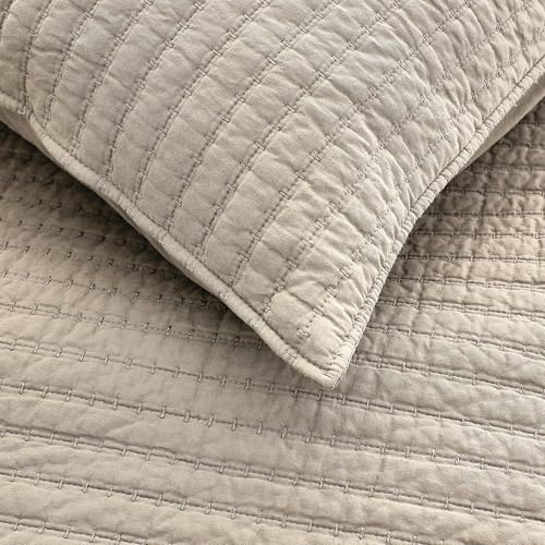 Linen King Size Quilt Set - Warm Yellow Tint, 100% Cotton, Channel Pick Stitch