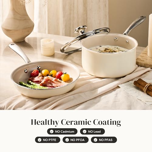 Mini Ceramic Cookware Set with 8-Inch Frying Pan & 2.5QT Saucepan - Beige, 3-Piece