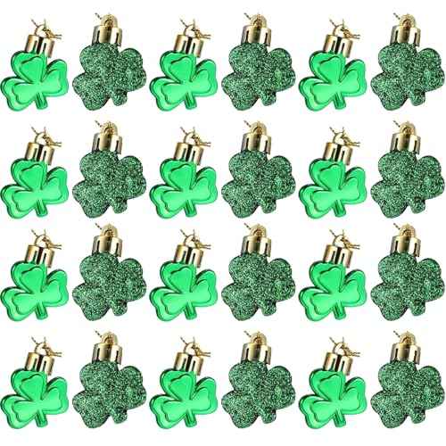 Leinuosen 24 Pieces St Patrick's Day Shamrocks Ornament for Tree Mini Clover Decorations Lucky Irish Green Trefoil Hanging Bauble for Christmas St Patricks Day Table Shelf Decoration(glossy & Glitter)