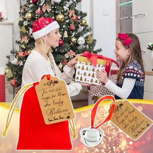 Bylion Silver Christmas Belief Bells Set with Red Velvet Gift Bags, 12 Pack