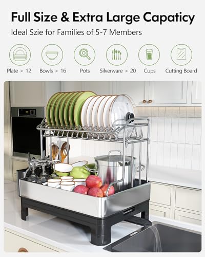 BOOSINY Stainless Steel Dish Drainer with Drainboard - Silver & Black, 18.1 x 13.4 inches