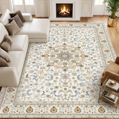 Fixwal 8x10 Beige Washable Area Rug for Living Room Non-Slip Vintage Boho Style