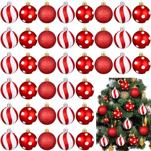 Lenwen 54pcs Red & White Christmas Ornaments Candy Dot & Stripe Mini Balls 1.18"