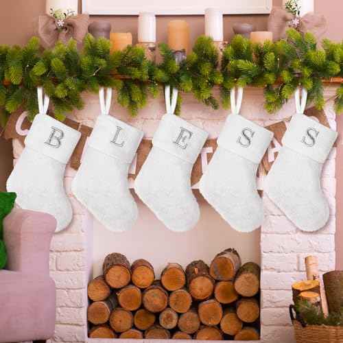 7 inches Initial Monogram Christmas Stocking White Personalized Christmas Stockings with Embroidered Letters Super Soft Initial Christmas Stocking for Xmas Holiday Christmas Tree Fireplace Decor(M)