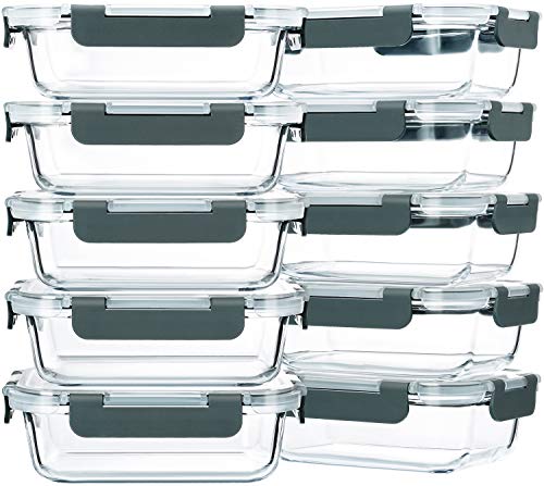 M MCIRCO Gray Glass Food Storage Containers 10 Pack, 22oz Meal Prep
