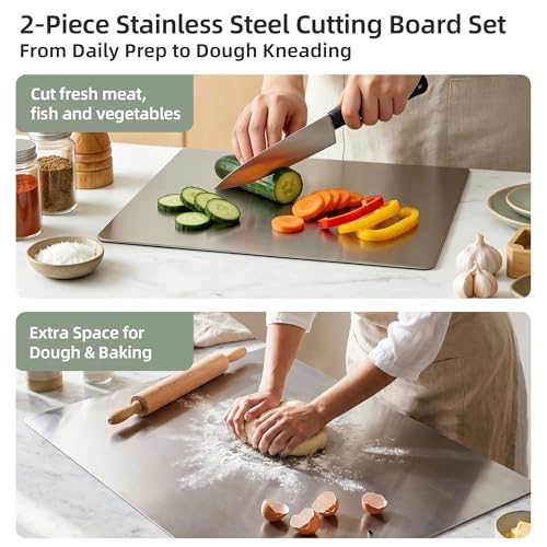 Stainless Steel Cutting Board Set with Lip - 2 Pack, 16x12 & 24x16 Inches, Non-Slip Food Prep Boards