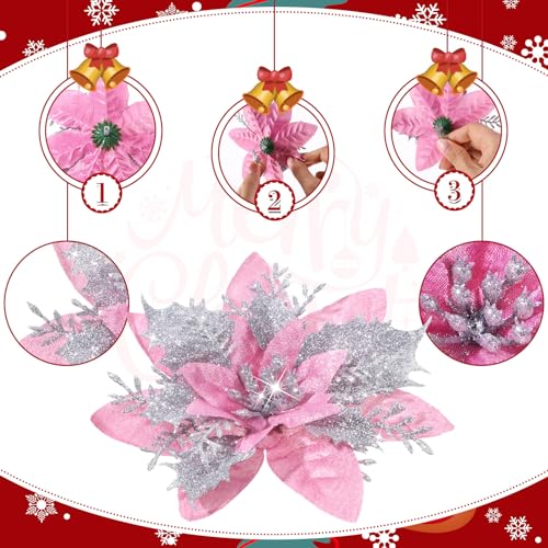 36 Pcs Artificial Poinsettia Christmas Decorations Peach Pink & Silver