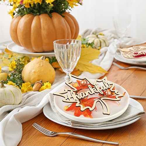 12 Pcs Thanksgiving Maple Leaf Pumpkin Wooden Plate Decor Grateful Wood Cutouts Fall Autumn Thankful Blessed Favour Gather Party Place Card Table Settings Signs for Farmhouse Dining Table