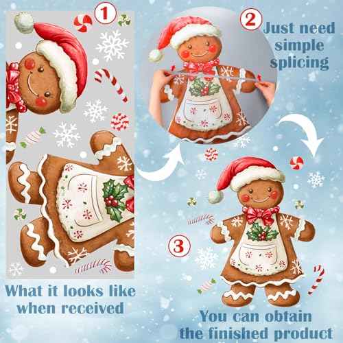 2 Sheets Gingerbread Christmas Window Clings Extra Large Gingerbread Man Window Clings Decals with Snowflakes Candy Xmas Stickers for Home Indoor Winter Party Supplies Holiday Decor 16.9 x 35.4 Inch