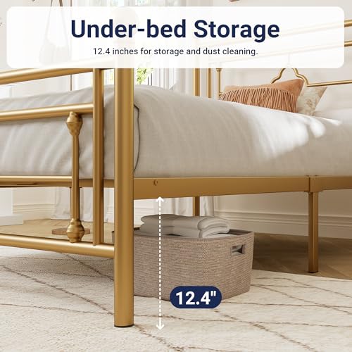 Allewie Twin Size Gold Metal Platform Bed Frame with Victorian Headboard