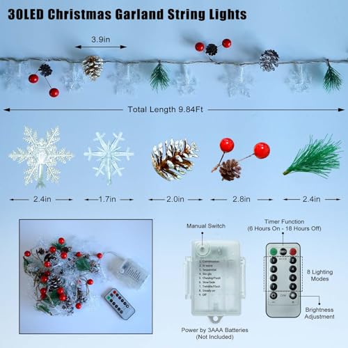30 Led 10ft Christmas Garland Snowflake Lights, Pine Cones Red Berry Battery Operated Fairy String Lights 8 Lighting Modes with Timer Indoor Outdoor Tree Decor Fireplace Mantle Decorations Warm White