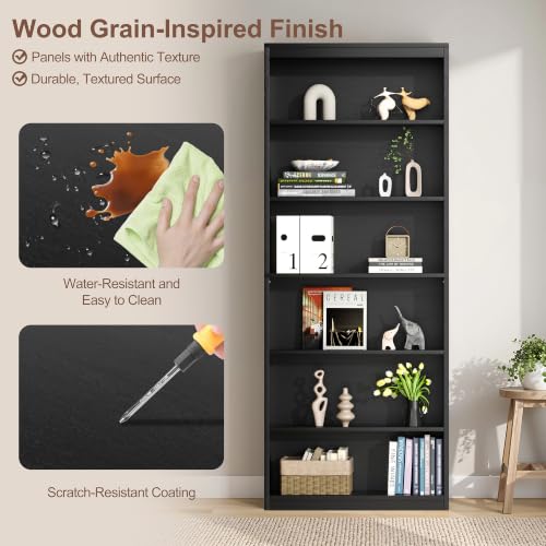 Vongrasig 71-Inch Tall Black Bookshelf - Modern Wooden Display Bookcase