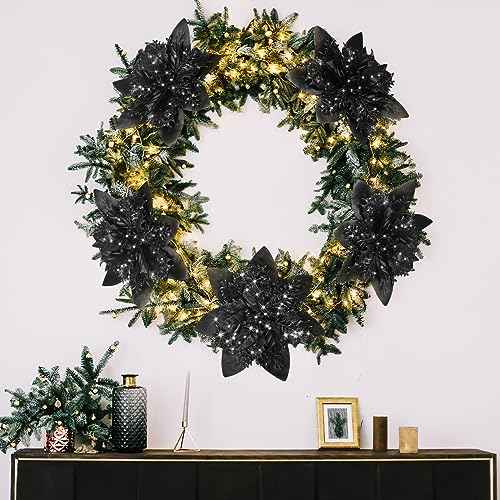 Glitter Christmas Poinsettia Artificial Xmas Flower Ornaments Flowers Decorations with Clips and Stems Glitter Poinsettia Christmas Tree Ornaments for Christmas Wedding (Black,36 Pieces)