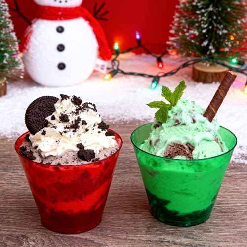 24 PCS Christmas Clear Plastic Cups 9 Oz, Red and Green Disposable Cups, Ice Cream Cups,Drinking Tumblers, Disposable Wine Glasses for Holiday Parties, Xmas, New Year, Wedding