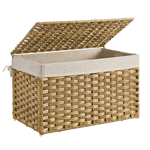SONGMICS 65L Woven Storage Basket with Lid, Foldable Laundry & Organization Bin