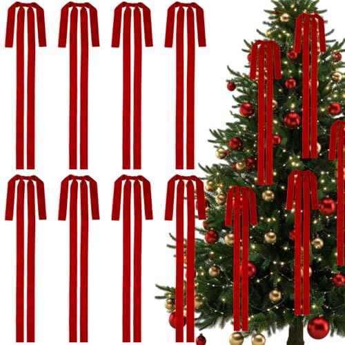DIYDEC 8PCS Large Red Christmas Bow 23.5x15.5 Inch Velvet Xmas Tree Topper Bows Ribbon Hanging Ornament for Christmas Holiday Home Outdoor Indoor Party Garland Crafts Decoration(Bright Red)