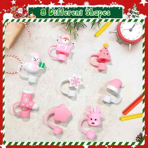 8 Pcs Christmas Straw Toppers for Stanley Cups, 3D Santa Claus Xmas Tree Straw Cover Caps Decoration for 30&40 oz Tumblers with DIA 10 mm Straws (Pink)