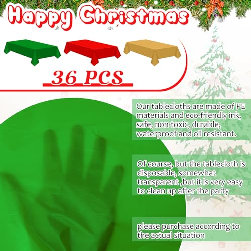 Patelai 36 Pcs Christmas Tablecloths 54 x 108 Inches Disposable Waterproof Rectangle 3-Color Set (Gold, Red, Dark Green)