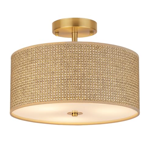 Deep Brown 13-Inch Woven Rattan Boho Ceiling Light Fixture with 3 Lights