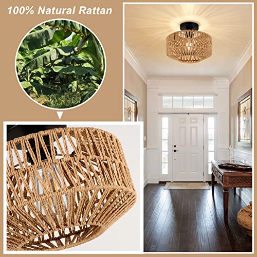 Boho Ceiling Light Fixture with Dimmable LED Bulb - Mini Rattan Chandelier, Brown Variation