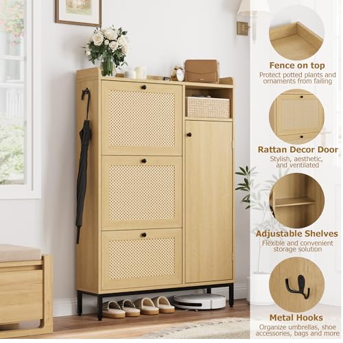 Garvee 3-Drawer Light Oak Shoe Cabinet with 4-Tier Storage & Rattan Doors