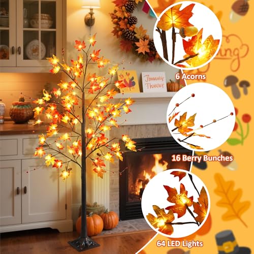 FORUP 5FT Lighted Maple Tree with LEDs Autumn Fall Decor for Thanksgiving & Halloween