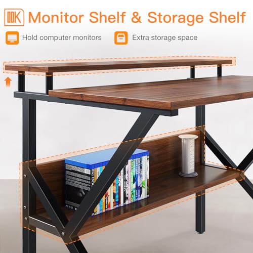 ODK 27.5 Inch Small Desk with Storage & Monitor Stand, Deep Brown