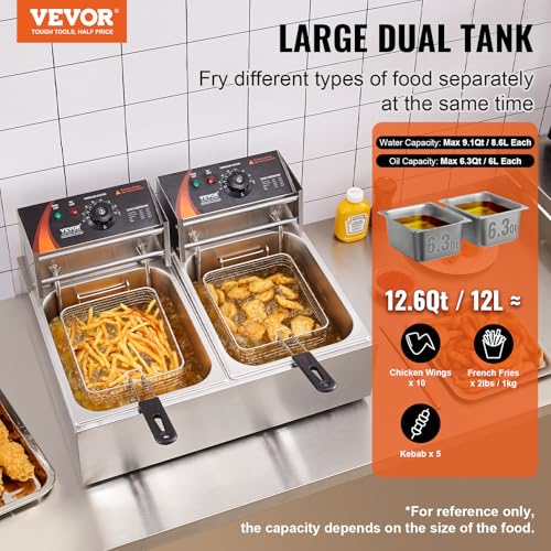 VEVOR Commercial Double Deep Fryer 2x9.1 Qt Electric Countertop with Temp Control