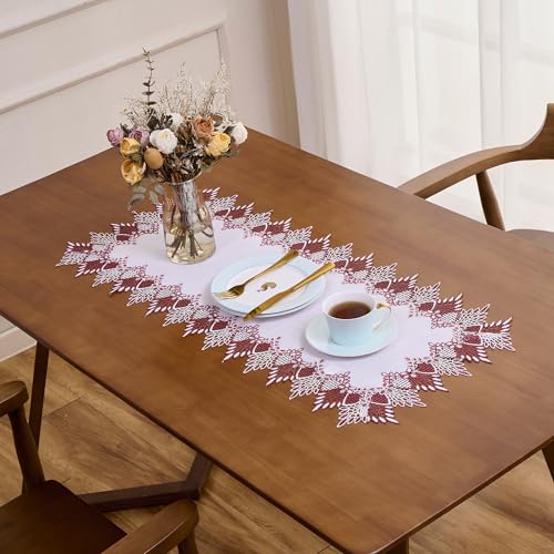 Raedan Dark Red & White Linen Lace Table Runner 16x72 Inches for Dining & Decor