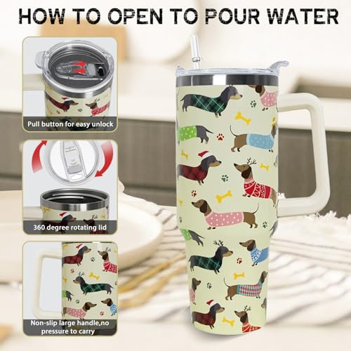 Dachshund 40 oz Tumbler with Handle & Straw - Red Dachshund Christmas Travel Mug