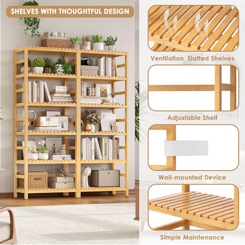 FOTOSOK Natural 6-Tier Bamboo Shelf with Adjustable Shelves for Kitchen & Home Storage