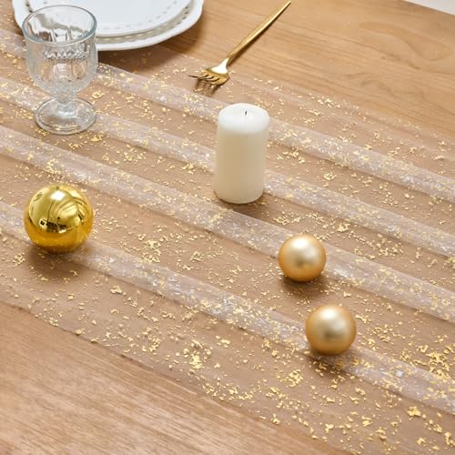 Fanami Beige Gold Glitter Tulle Table Runner 10ft x 28in (2pc) for Wedding & Party