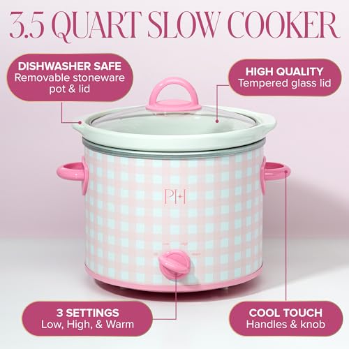 Paris Hilton 3.5-Quart Pink Gingham Slow Cooker with Nonstick Stoneware, Manual Settings