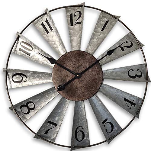 24 Inch Windmill Wall Clock - Rustic Metal Farmhouse Decor, Oversized Non-Ticking