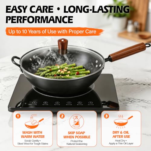 13-Inch Carbon Steel Wok Pan with Glass Lid, Flat Bottom, Pre-Seasoned, Nitrided Technology