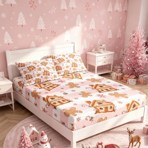 Feelyou Pink & Beige Gingerbread Man Fitted Sheet Queen Size Kids Bedding Set with Snowflake Design