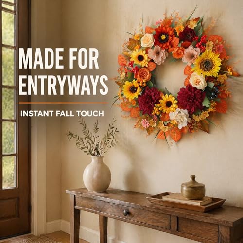 24 Inch Autumn Sunflower Fall Wreath for Front Door & Porch Decor