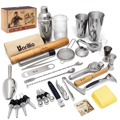 Barillio Pro Edition Silver Cocktail Tool Set - 32-Piece Bartender Kit with Shaker & Muddler
