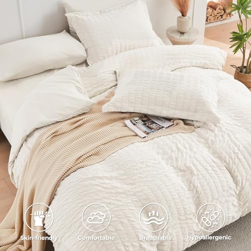 Oversized King Comforter Set Ivory Seersucker 7 Pieces All Season Bed in a Bag