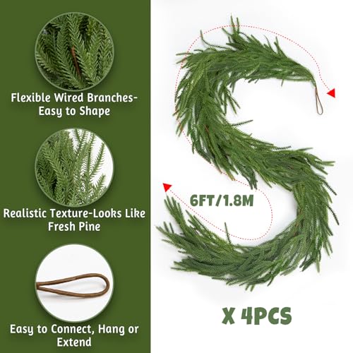GULYMNA 4 Pcs 6ft Norfolk Pine Garland Real Touch Christmas Greenery