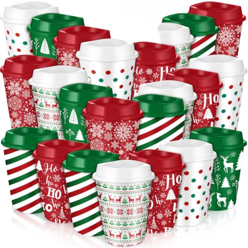 Pickmesh 24 Pack Christmas Reusable 12oz Plastic Coffee Cups with Lids
