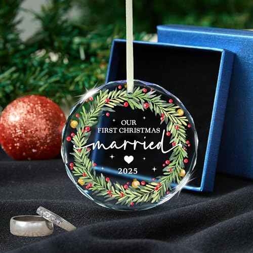 Our First Christmas Married Ornament 2025 ? Newlyweds Christmas Glass Ornaments ? First Year Marry Wedding Ornaments for Newlyweds ? Just Married Ornament Gifts for Couples