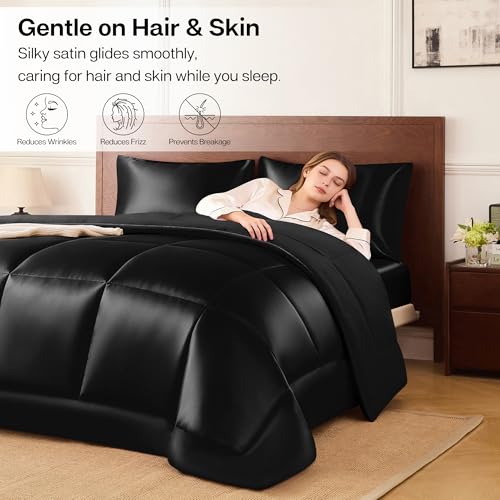 MR&HM Black Queen Reversible Satin Microfiber Comforter Set, All Seasons, 3 Pieces