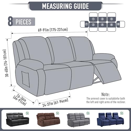 TAOCOCO Grey 3-Seat Recliner Sofa Cover 8-Piece Stretch Slipcover Set