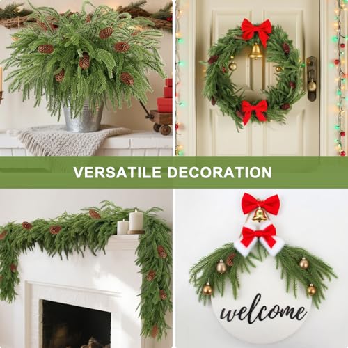 LELEE 18Pcs Christmas Norfolk Pine Branches with Pinecones - 12 Branches + 6 Pine Cones, 17.7 in, Wreath & Garland Craft Picks