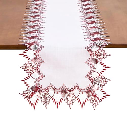 Raedan Dark Red & White Linen Lace Table Runner 16x72 Inches for Dining & Decor