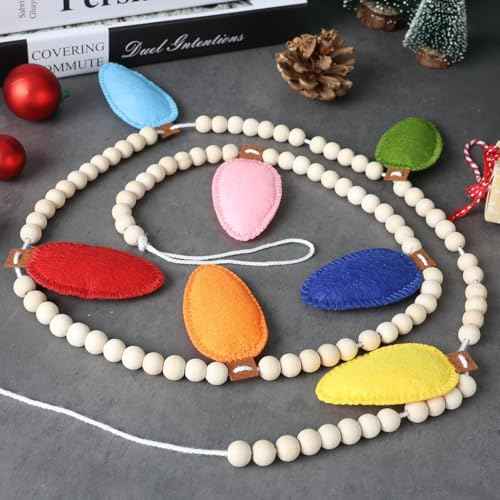 Christmas Felt 3D Light Bulbs Garland, Christmas Decorations for Home, Felt Light Bulbs Garland and Wood Bead for Christmas Decor, Christmas Banner for Mantle Christmas Party Supplies Home Wall Decor