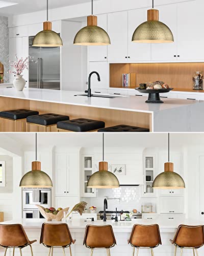 Brass 2 Pack Hammered Pendant Lights - 12” Vintage Metal & Wood Dome Hanging Lamps for Kitchen, Dining, Island, Farmhouse, Hallway