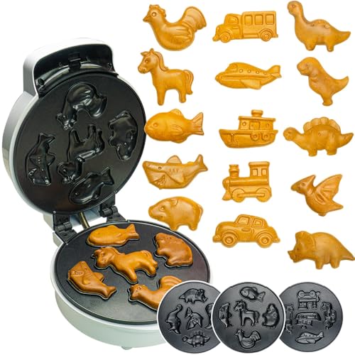 Kids Waffle Maker with 15 Mini Shape Plates - Dinosaur, Car & Animal Designs